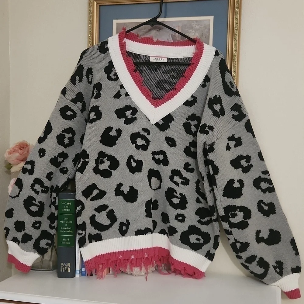 leopard print varsity trim pullover sweater Size largeV-neck Artsy Colorful